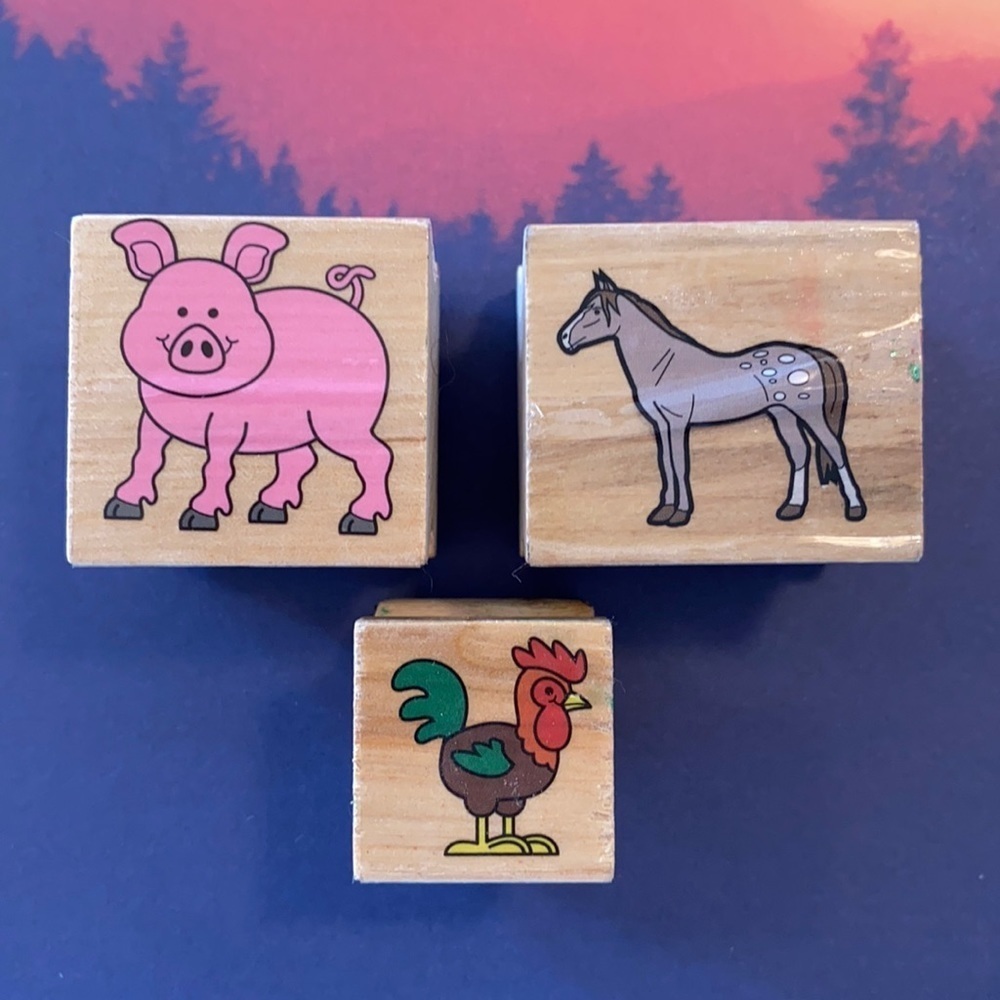 Lot of Wood Mounted Barnyard Animals Stamps Horse Rooster Pig